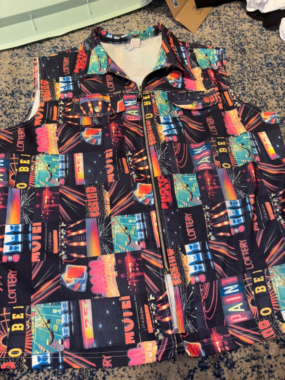Neon Casino Print Zip Front Vest